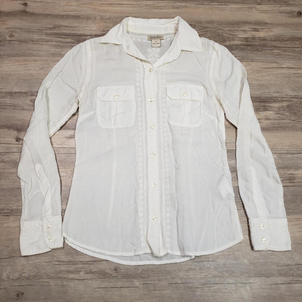 Lucky Brand Shirt Womens XS White Embroidered Button Front Long Sleeve Rayon Top